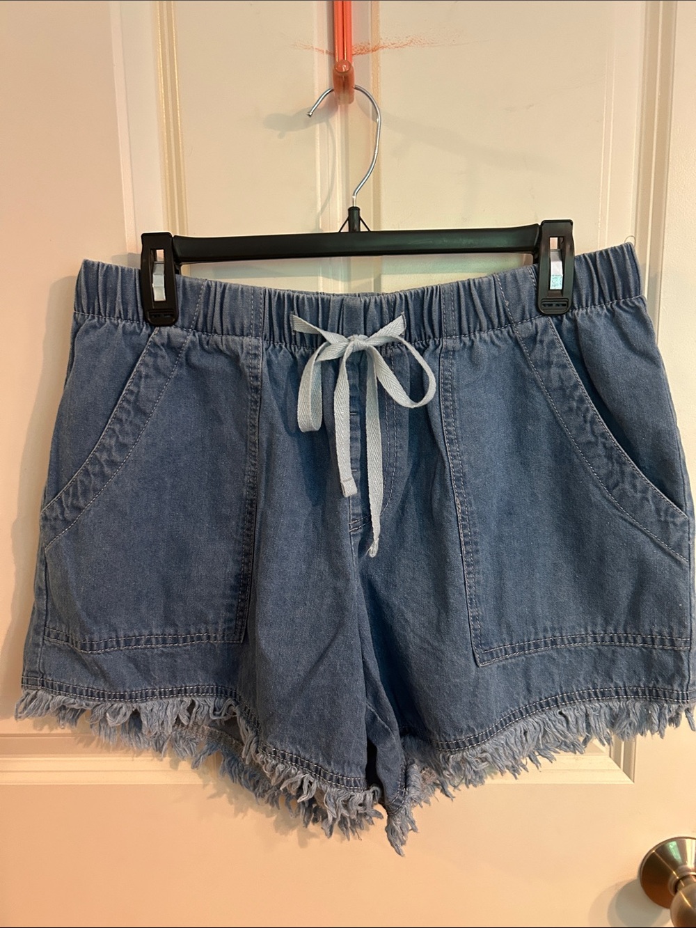 Women's Light Blue Denim Drawstring Shorts with Frayed Hem